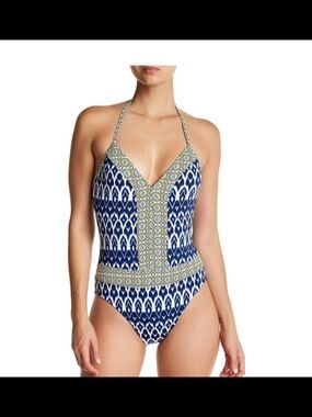 Bleu Rod Beattie Blue and Cream Halter V-Neck One-Piece Swimsuit